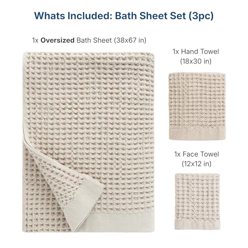 ONSEN Supima® Waffle Bath Sheet Set, Quick Dry Lint Free 100% USA Cotton, Large Bath Sheet Hand and Face Towel Bundle, 3 Piece (Oatmeal, Bath Sheet Set) - color: Oatmeal, size: Bath Sheet Set