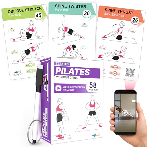 Pilates Workout Cards | 58 Mat Pilates Exercise Cards with Postures, Video Instructions & Breathing Tips | Waterproof Color-Coded Fitness Deck for Women with Dry-Erase Marker