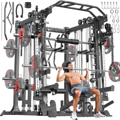 XGSW Smith Machine Home Gym, Multi-Function Power Cage with Dual Pulley Cable Crossover System,Squat Rack for Full-Body Workouts - color: L05, size: Black---Smith Machine+bench