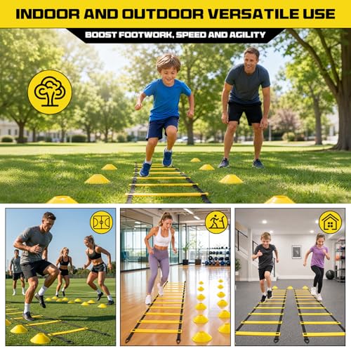 2 Pack 20ft Agility Ladder Set, 40ft Total Adjustable Speed Ladder with 12 Cones, 8 Stakes, 1 Carry Bag - Parallel Footwork Drills Gear for Football Soccer Basketball Training Equipment