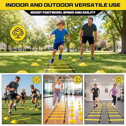2 Pack 20ft Agility Ladder Set, 40ft Total Adjustable Speed Ladder with 12 Cones, 8 Stakes, 1 Carry Bag - Parallel Footwork Drills Gear for Football Soccer Basketball Training Equipment
