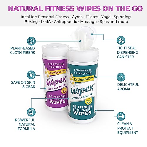 Wipex Fitness Equipment Wipes - EWG Verified - 50 Ct Original Natural Plant Based Gym Wipes for Equipment, Clean Surfaces at Home or Gym, Use as a Yoga Mat Cleaner, Lemongrass, Eucalyptus & Vinegar