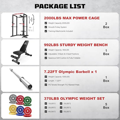 S11 Power Cage, 2000LB Multi-Function Power Rack with LAT Pulldown, Squat Rack with Adjustable Pulley System and Training Attachments, Weight Rack for Home Gym - style: 370LB Colored Weights Package