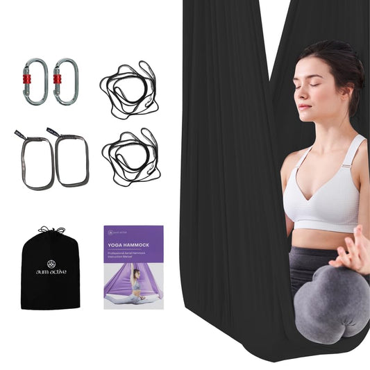 Aerial Silk Yoga Hammock & Swing for Home, Inversion Exercises, Starter Kit for All Levels - Durable with Extension Straps, Carabiners, and Pose Guide - color: Black, size: 5.5 yards