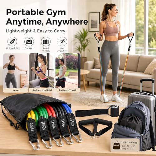 Resistance Bands Set, Exercise Bands with Handles, Door Anchor and Ankle Straps, 5 Stackable Workout Bands Up to 150 lbs, Resistance Bands for Working Out, Physical Therapy, Home Gym for Men and Women