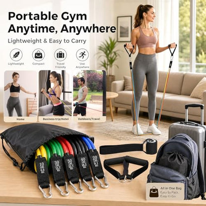 Resistance Bands Set, Exercise Bands with Handles, Door Anchor and Ankle Straps, 5 Stackable Workout Bands Up to 150 lbs, Resistance Bands for Working Out, Physical Therapy, Home Gym for Men and Women