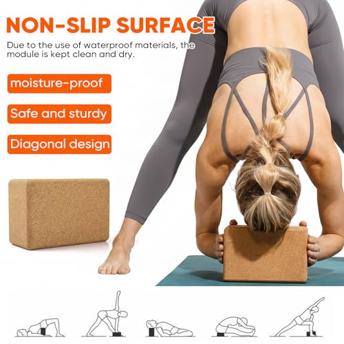 Cork Yoga Blocks for Pilates & Meditation, Non-Slip Moisture-Proof Lightweight Bricks, Supportive Eco-Friendly Equipment for Stretching & Pose Enhancement(1pack/2pack)