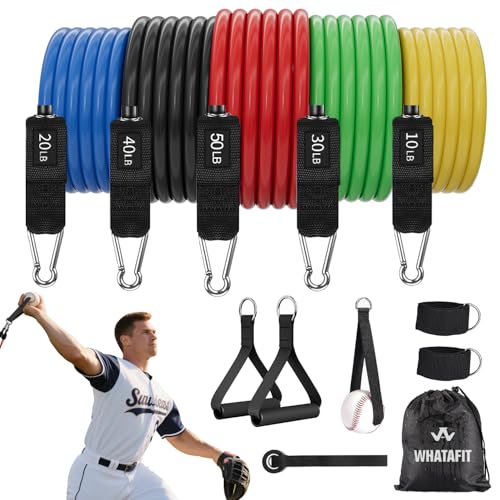 WHATAFIT Resistance Bands, Exercise Bands, Workout Bands with Handles, Door Anchor and Ankle Straps, 5 Resistance Levels Fitness Bands for Strength Training, Physical Therapy, and Home Gym Equipment - color: 10-150LB colorful with baseball