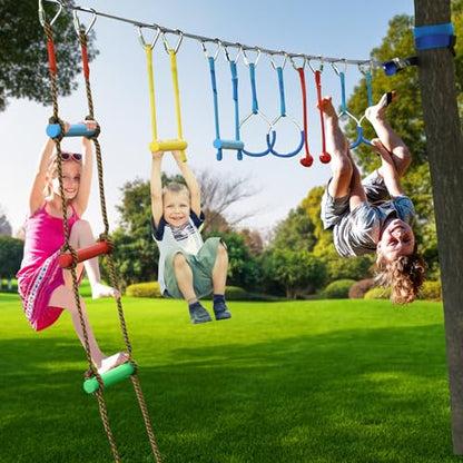 Ninja Warrior Obstacle Course for Kids,2×56ft Slackline Kit with 10 Ninja Accessories - Monkey Bar,Rope Ladder,Gymnastic Ring,Arm Trainer and Monkey Fist+Fast-Setup Buckles,Supports 880 lbs