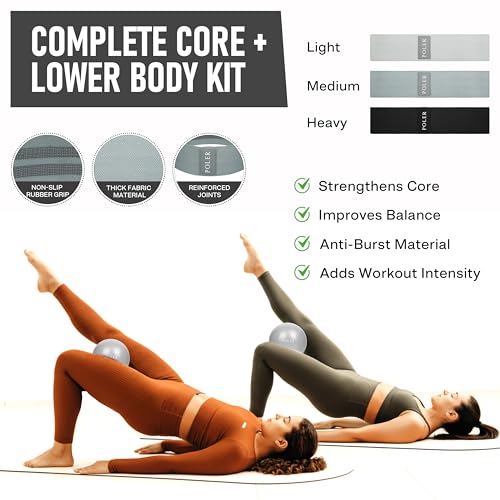 Poler Booty Resistance Bands Set for Women – 3 Fabric Bands (Light, Medium, Heavy) + Pilates Ball – Non-Slip Glute & Leg Workout Kit for Home Fitness, Yoga & Strength Training
