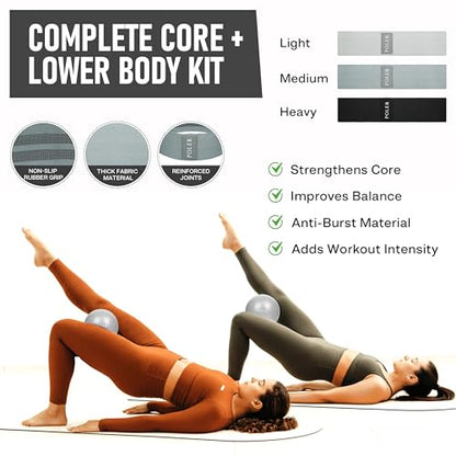 Poler Booty Resistance Bands Set for Women – 3 Fabric Bands (Light, Medium, Heavy) + Pilates Ball – Non-Slip Glute & Leg Workout Kit for Home Fitness, Yoga & Strength Training