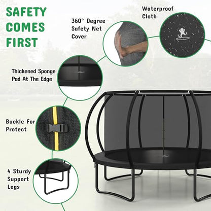 8FT 10FT 12FT 14FT 16FT Outdoor Trampoline with Safety Enclosure Net - color: Black, size: 12 FT