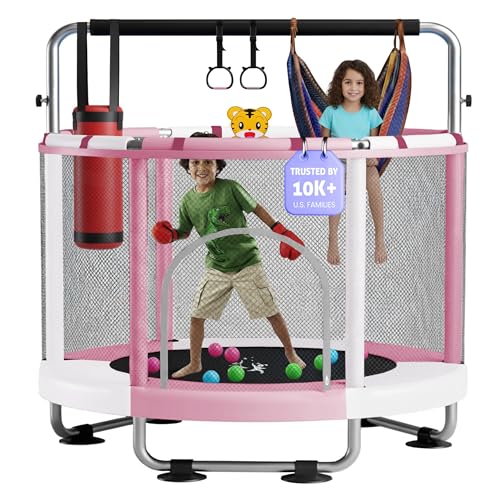 55" Toddler Trampoline for Kids Ages 3–8 – Indoor & Outdoor Kids Trampoline Anti-Tilt Frame, Adjustable Gym Bar, Basketball Hoop, Ocean Balls, Boxing Bag, Hammock & Boxing Gloves