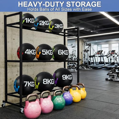 Medicine Ball Rack, Heavy Duty Medicine Ball Storage Stand, Rolling Med Ball Holder and Organizer for Home, Gym