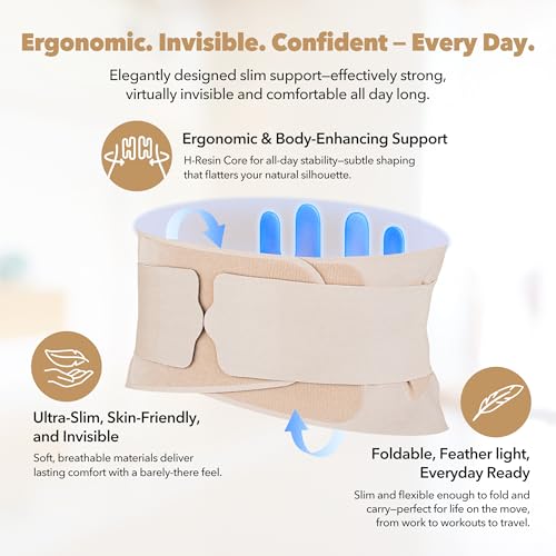 Slim Fit Lower Back Brace – Ultra-Thin Ergonomic H-Shaped Resin Support, Seamless Design for Strong & Comfortable Lumbar Support, Lightweight & Discreet Back Brace (Beige, X-Large)