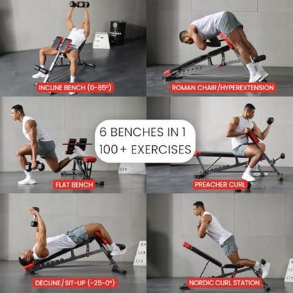 Finer Form Multi-Functional FID Weight Bench for Full All-in-One Body Workout – Hyper Back Extension, Roman Chair, Adjustable Ab Sit up Bench, Incline Decline Bench, Flat Bench