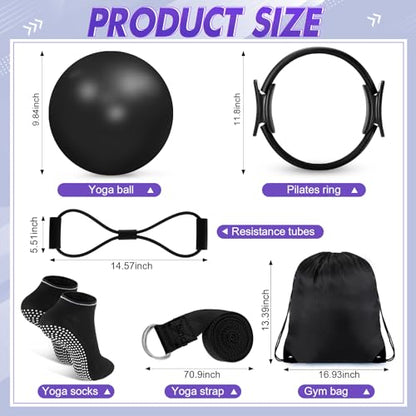 18 Pcs Home Pilates Ball and Ring Circle Set Yoga Fitness Essentials Kit with 5 Resistance Band Stretching Strap Non Slip Sock Ball Core Slider Wristband Headband Gym Bag for Women