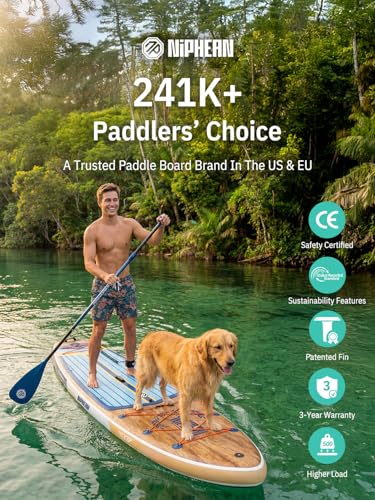 Niphean (Extra Large) Inflatable Paddle Board, SUP for 2+1 People/Family 500lbs Capacity Stand Up Paddle Board with SUP Accessories, StabilTrac Fin Non-Slip Paddleboard for Adults - color: Dark Gray