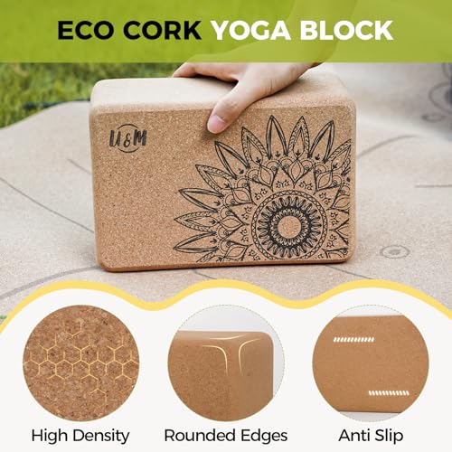 U&M Cork Yoga Blocks 2 Pack Set,Natural Cork High Density 9"x6"x3" Yoga Blocks Odor-Resistant Non-Slip for Yoga, General Fitness, Pilates, Stretching and Toning (sunflower, 9'x6'x3')