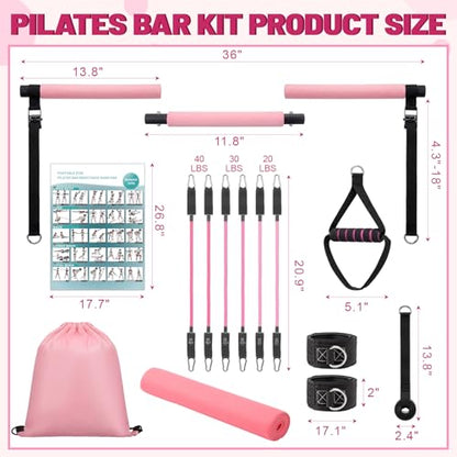 Pilates Bar Kit with Resistance Bands and Yoga Mat, Adjustable Metal Bar Portable Home Fitness Set for Women Full Body Workouts, Core, Strength, Stretching and Pilates Training