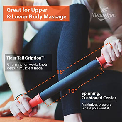 Tiger Tail 18in Massage Stick Portable Roller, Handheld, Deep Tissue Foam Roller, Body Massage and Myofascial Release Tool for Legs, Neck, Calves, Thighs, Shins & Back, The Original 18, Made in USA - size: 18" Plus Happy Muscles eBook