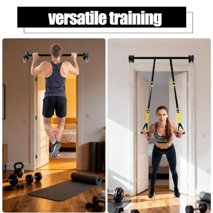 Black Wall Mounted Pull Up Bar with Hanging Ab Straps, Home Gym Equipment