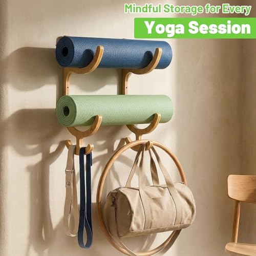 Wooden Yoga Mat Storage Rack Wall Mount, Yoga Mat Holder Hanging Hooks for Home Gym Equipment Storage, Fitness Class Room Mats Storages Organizer for Resistance Band, Home Gym Accessories