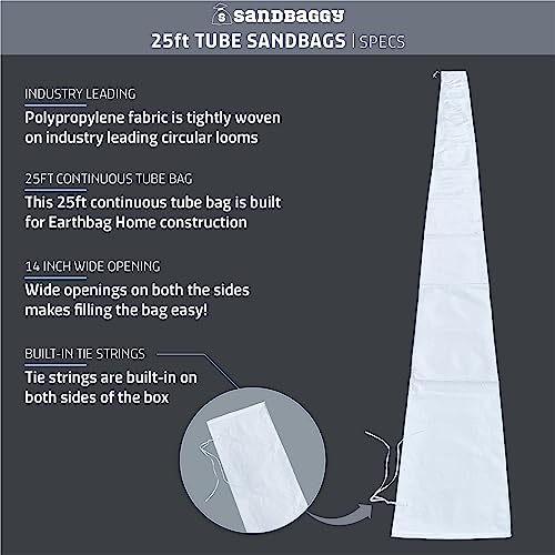 Sandbaggy 25 Ft Empty Tube Sandbags w/UV Protection | Builds Earthbag Homes Faster | Protects Homes & Businesses from Flooding | Military Grade | Can Be Filled with Gravel or Sand (5 Tube Bags) - size: 1 Count (Pack of 5)