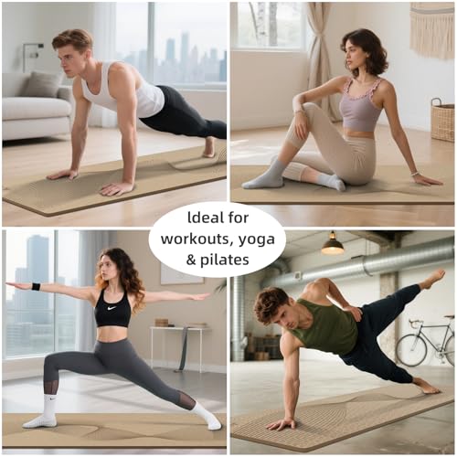 ILILI Yoga Mat, TPE Exercise Mat, Tear-Resistant, Fitness Yoga Mat with Carrying Strap, 72''x25''×0.3''(8mm), Ideal for Yoga, Pilates, Home Workouts, Stretching & All Fitness Routines - color: beige