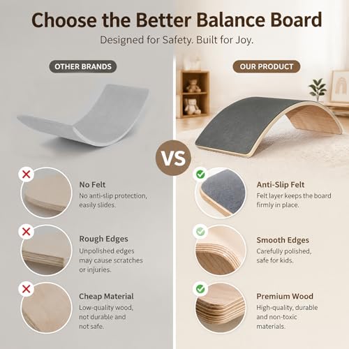 Wooden Balance Board for Kids, Montessori Wobble Board with Anti-Slip Surface, 33 Inch Natural Curved Balance Toy for Toddlers, Open-Ended Waldorf Play Equipment for Indoor Active Play, Gifts for Kids Ages 3+ Years