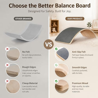 Wooden Balance Board for Kids, Montessori Wobble Board with Anti-Slip Surface, 33 Inch Natural Curved Balance Toy for Toddlers, Open-Ended Waldorf Play Equipment for Indoor Active Play, Gifts for Kids Ages 3+ Years