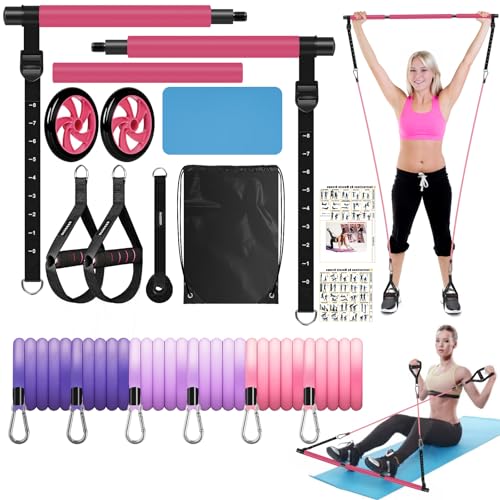 Pilates Bar Kit with Resistance Bands, Olodeer Pilates Reformer Exercise Bar with Ab Roller at Home Workout Equipment, Pilates Bar Set for Full Body Training Women & Men