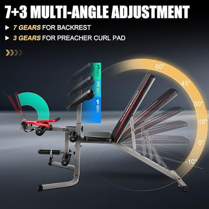 OPPSDECOR Adjustable Weight Bench Set with Leg Extension & Leg Curl, 900LBS Incline/Decline/Flat Preacher Curl Bench, Space-Saving Workout Bench for Home Gym