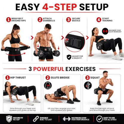 Hip Thrust Belt for Dumbbells Kettlebells & Barbell Plates – Adjustable Neoprene Glute Bridge Belt – Supports 600 LBS – Anti-Slip Hip Pad Workout Equipment for Women Men Home Gym