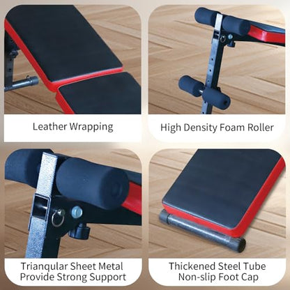 Sit Up Bench Folding Adjustable Workout Bench for Ab Exercise, Strength Training Weight Bench for Home Gym (Red)