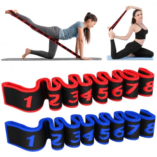 2 Pack Multi Loop Yoga Strap, 8-Section Segmented Yoga Strap with Loops, Cotton Blend Stretching Strap for Pilates, Dance, Gymnastics & Flexibility Training (Blue, Red)