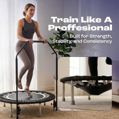 Maximus Pro Home Gym Rebounder Mini Trampoline 40'' + Handle Bar | Includes Workouts Online + DVD's | Adults Indoors | 150kg User Weight. Adult Exercise Trampoline | Already Assembled