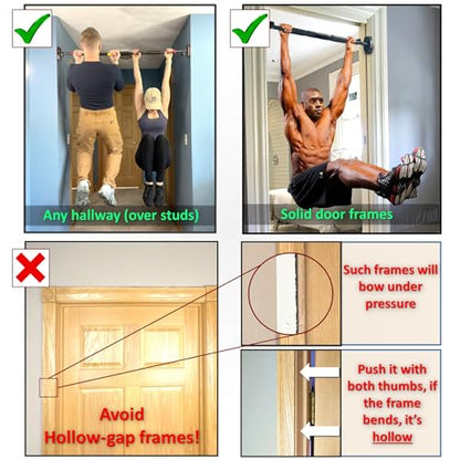 Pull Up Bar for Hallway or Doorway 6-piece Set with Two Attachable Resistance Bands/Handles, Training Manuals, No Screws Chin Up Bar, Max 680lbs, Width options: 27-37", 37-47"; 46-53"