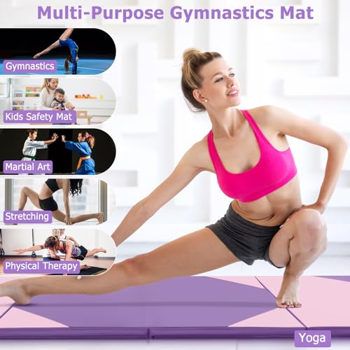 GYMAX Gymnastics Mat, 4 FT x 10 FT x 2 Inches Folding Exercise Mat w/Carrying Handles, Hook & Loop Fasteners, Tumbling Mat Waterproof for Yoga, Stretching, Home Gym