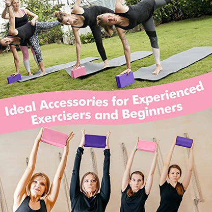 Jexine 6 Pcs Yoga Block and Strap Set 4 Pcs 9 x 6 x 3 Inches EVA Foam Pilates Block 2 Pcs Cotton Yoga Strap for Beginners Experienced Pilates Fitness Stretching