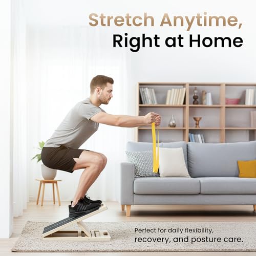Portable Wooden Slant Board for Calf Stretching, 300Lbs Slant Board for Calf Stretching with Loop Band & 2 Sand Papers, Adjustable Wooden Incline Board, Squats Calf Stretcher for Knees Heel Feet Leg
