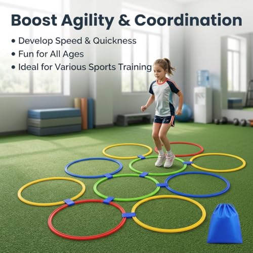 10 Round Agility Rings, 48cm Extra Large Exercise Equipment for Speed Training, Footwork Training Rings with Clips & Storage Bag