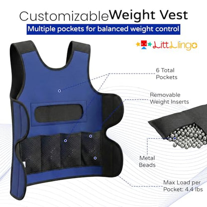 Weighted Vest for kids with Adjustable Weights, Compression Vest for Kids & Toddlers, Removable Metal Beads, Breathable Mesh and 6 Pockets
