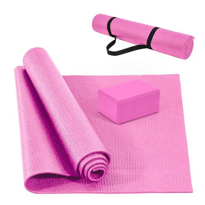 Signature Fitness All Purpose 0.25 Inch Thick High Density No Tear Exercise Yoga Mat with Strap & Lightweight Features for Indoor & Outdoor Use, Pink