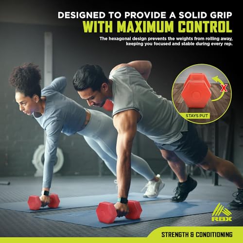 RBX Vinyl Coated Hand Weight Dumbbell Set - Hex Shaped, Roll Free for Body Building/Sculpting/Strength Training Exercise, (Set of 2) - color: Red, size: 5lb