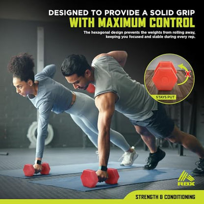 RBX Vinyl Coated Hand Weight Dumbbell Set - Hex Shaped, Roll Free for Body Building/Sculpting/Strength Training Exercise, (Set of 2) - color: Red, size: 5lb