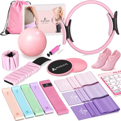 Pilates Kit, Home Pilates Workout Kit for Women, Pilates Equipment with 14.5" Pilates Ring and Ball, Resistance Bands, Ankle Weights, Sliders & Grip Socks for Home Workouts