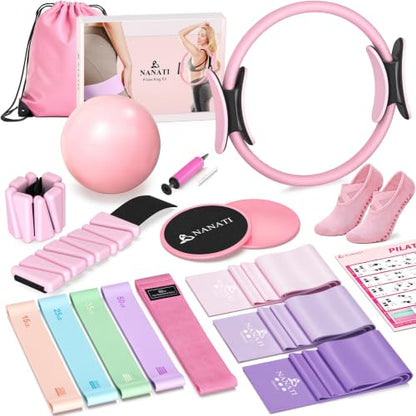 Pilates Kit, Home Pilates Workout Kit for Women, Pilates Equipment with 14.5" Pilates Ring and Ball, Resistance Bands, Ankle Weights, Sliders & Grip Socks for Home Workouts