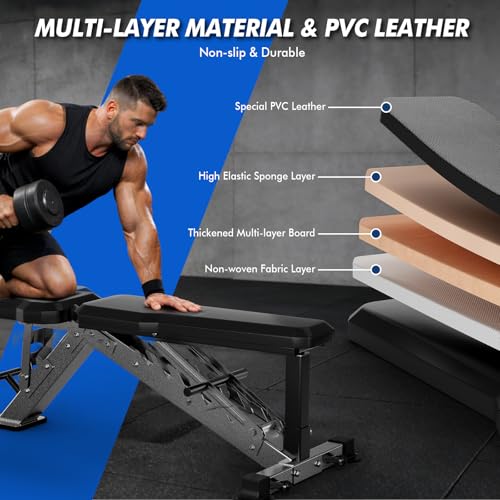 Adjustable Weight Bench for Home Gym Strength Training，Flat/Incline Full Body Workout, Press 2.2" Thick Pad， MAX 2500LBS Heavy Duty