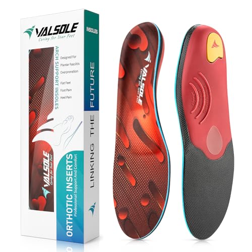 VALSOLE Heavy Duty Support Pain Relief Orthotics - 220+ lbs Plantar Fasciitis High Arch Support Insoles for Men Women, Flat Feet Orthotic Insert, Work Boot Shoe Insole, Absorb Shock with Every Step - color: Red, size: MEN 5-5 1/2 | WOMEN 7-7 1/2--(244mm)